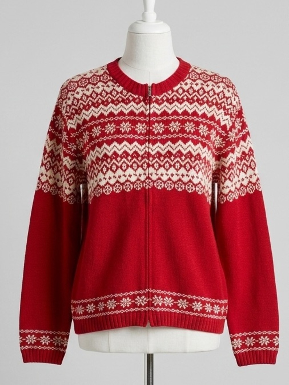Jones New York Fair Isle Full Zip Knit Sweater Red Ivory Size Medium - Picture 1 of 14